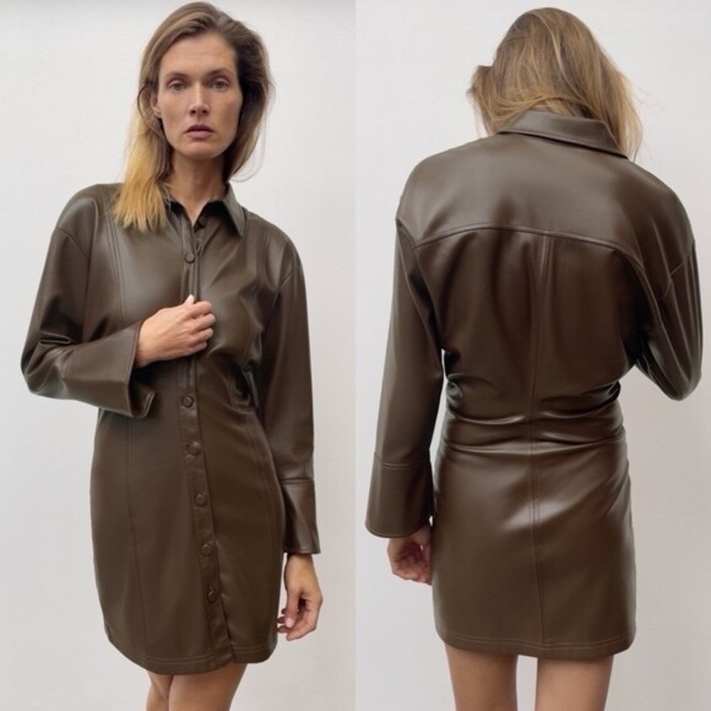 ZARA Chocolate Brown Vegan Leather Button Up Dress (S)